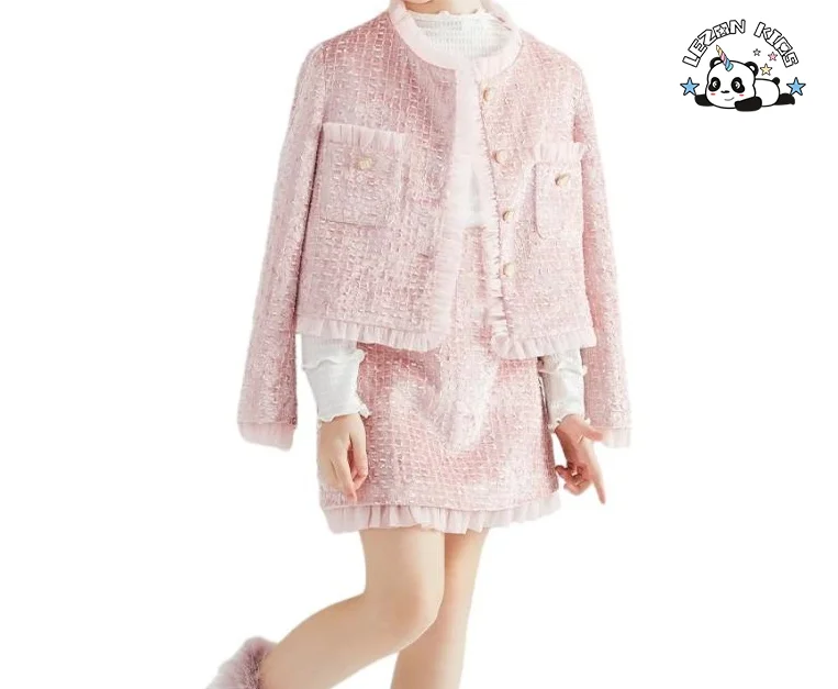 LEZONKIDS - Conjunto de Saia Curta Infantil Champagne Fashion com Malha Bordada e Conjunto de Duas Peças de Veludo Tweed para Meninas